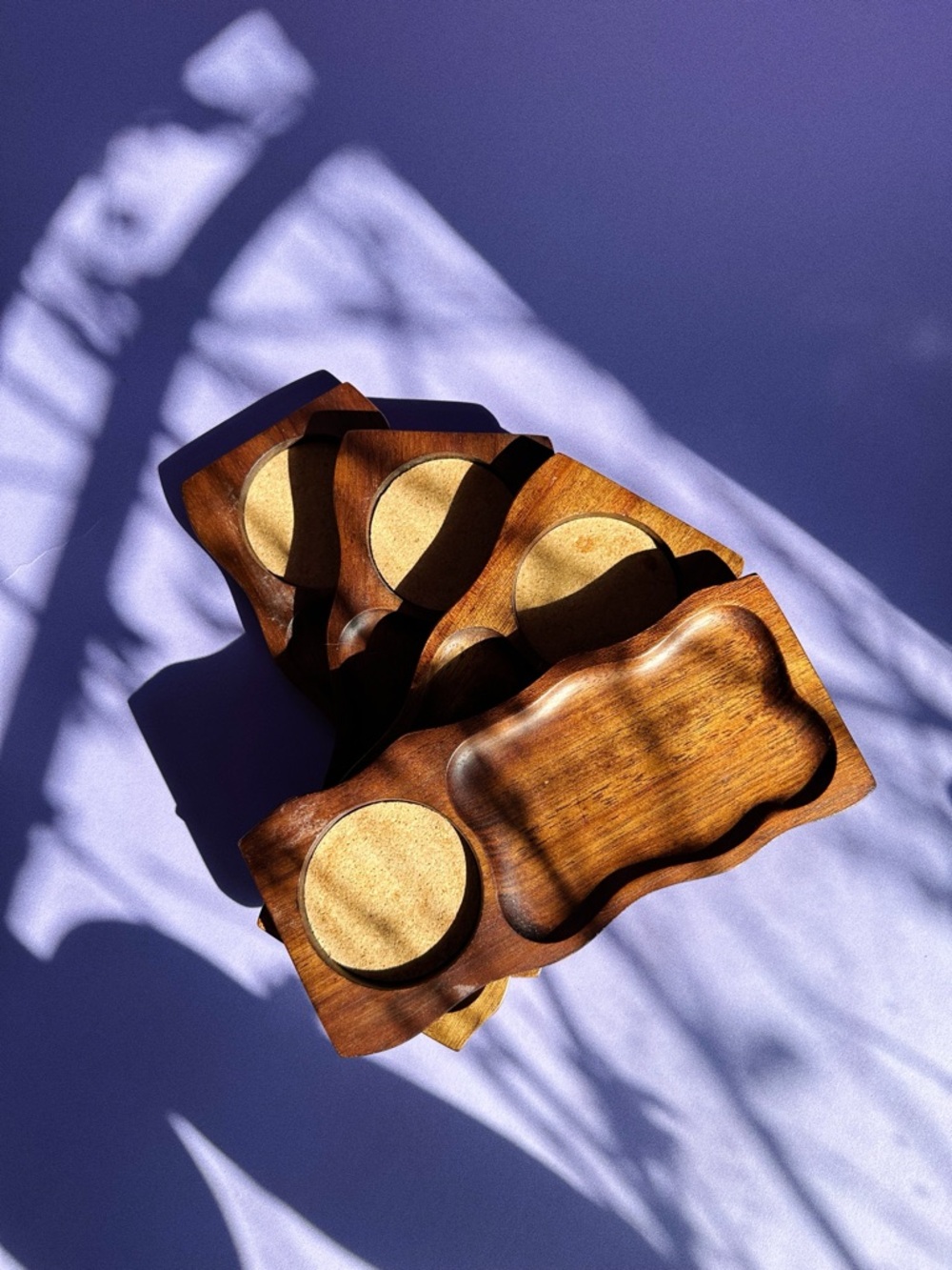 Vintage MCM 4 Pce Set of Wood Snack Trays with Cork Coaster Inlay Tempo Hardwood